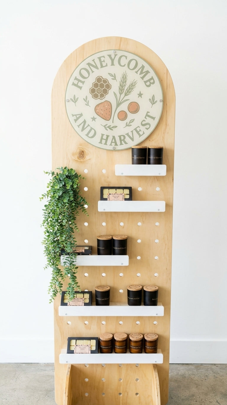 Tall arched birch plywood pegboard display with a round branded logo sign, white adjustable shelves holding candles and wax melts, and trailing faux greenery