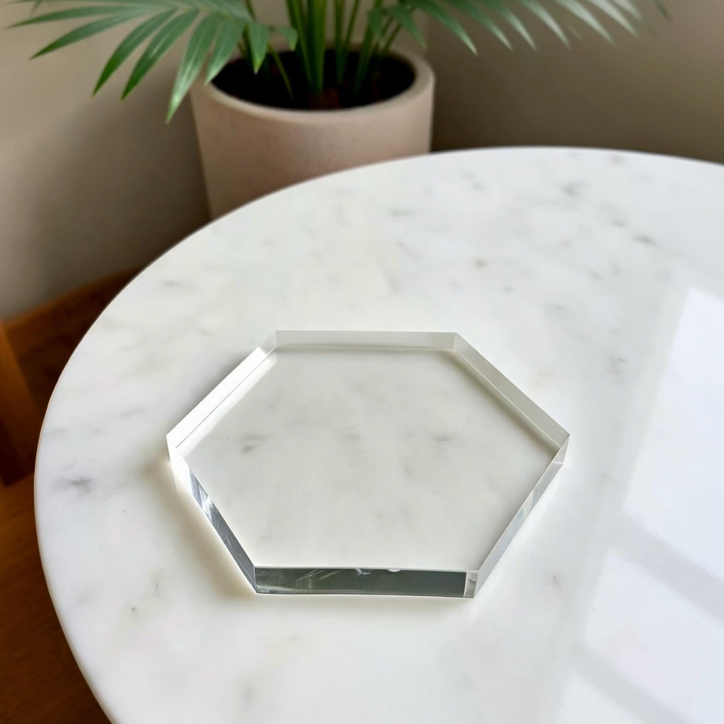 Hexagon Acrylic Display Base, 1 Inch Thick Clear Solid Block, Custom Size 3-23 Inch Across Flats, Geometric Riser & Pedestal