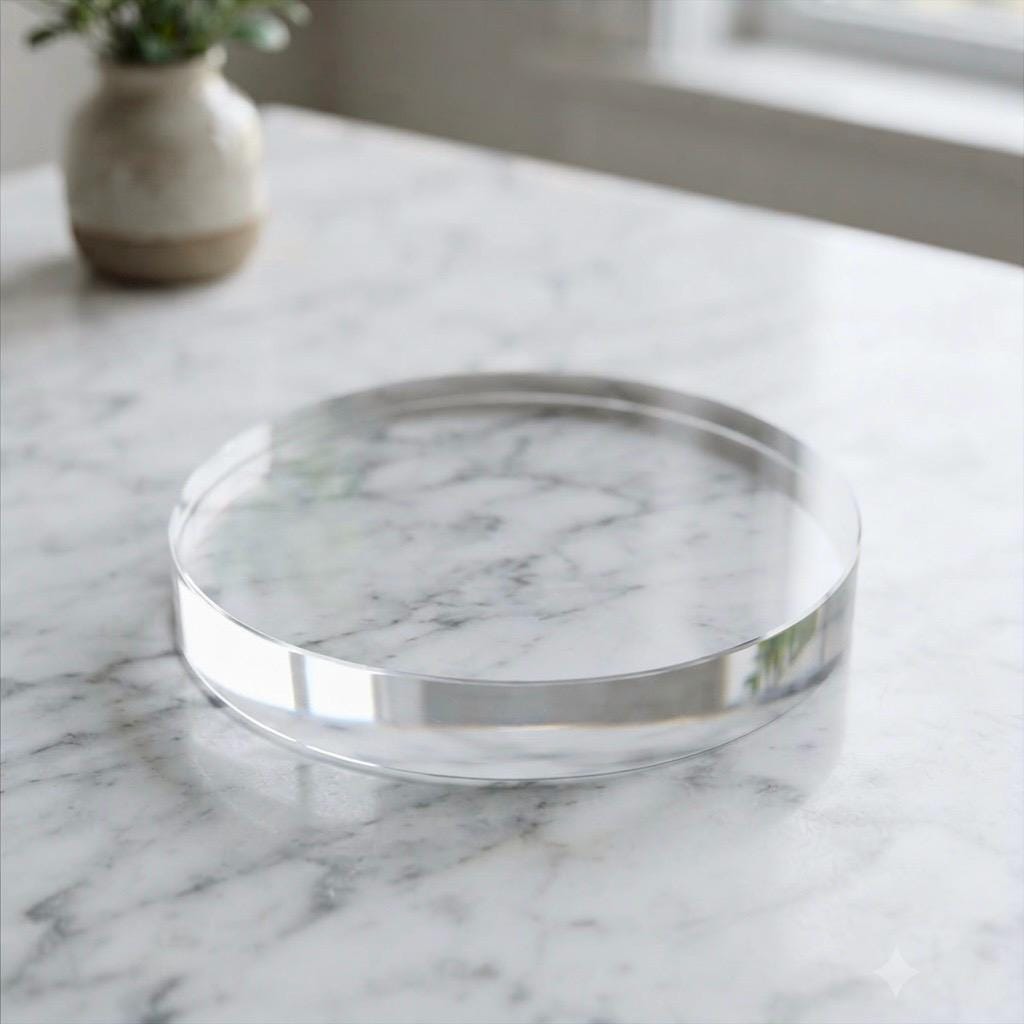 1” thick! Round Acrylic Display Base, 1 Inch Thick Clear Disc, Custom Size Circle, Cake Stand & Sculpture Pedestal, Museum Quality