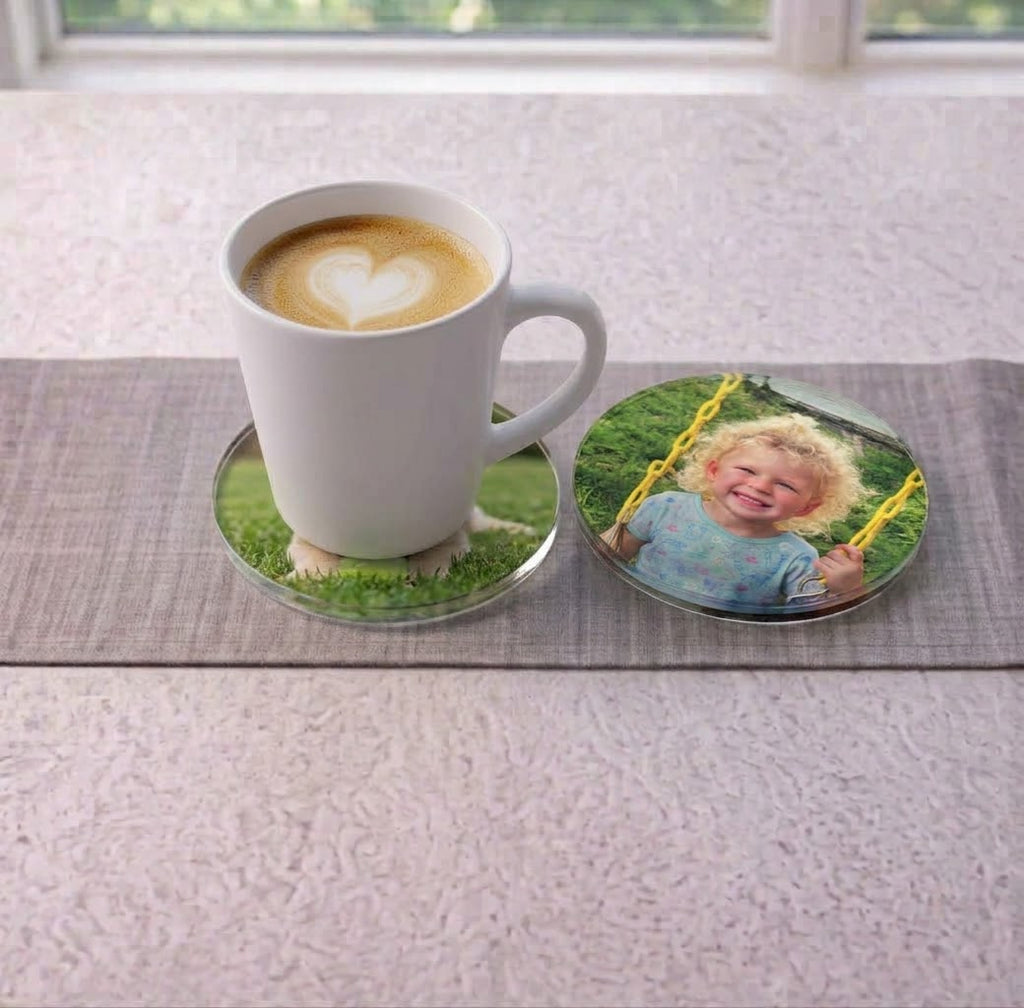 Clear acrylic coaster blanks for UV printing with bumper feet, 3.5 inch round, made by Prince Fabrication