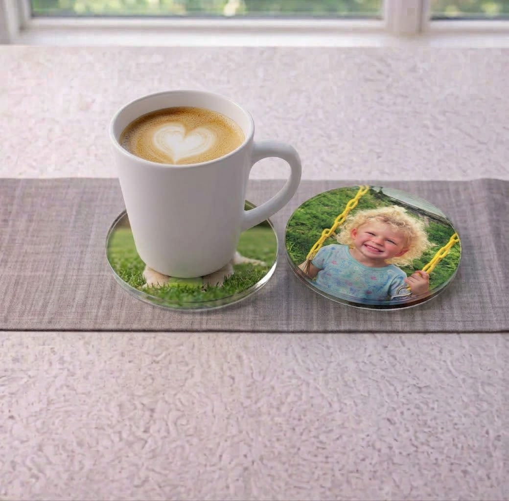 Clear acrylic coaster blanks for UV printing with bumper feet, 3.5 inch round, made by Prince Fabrication
