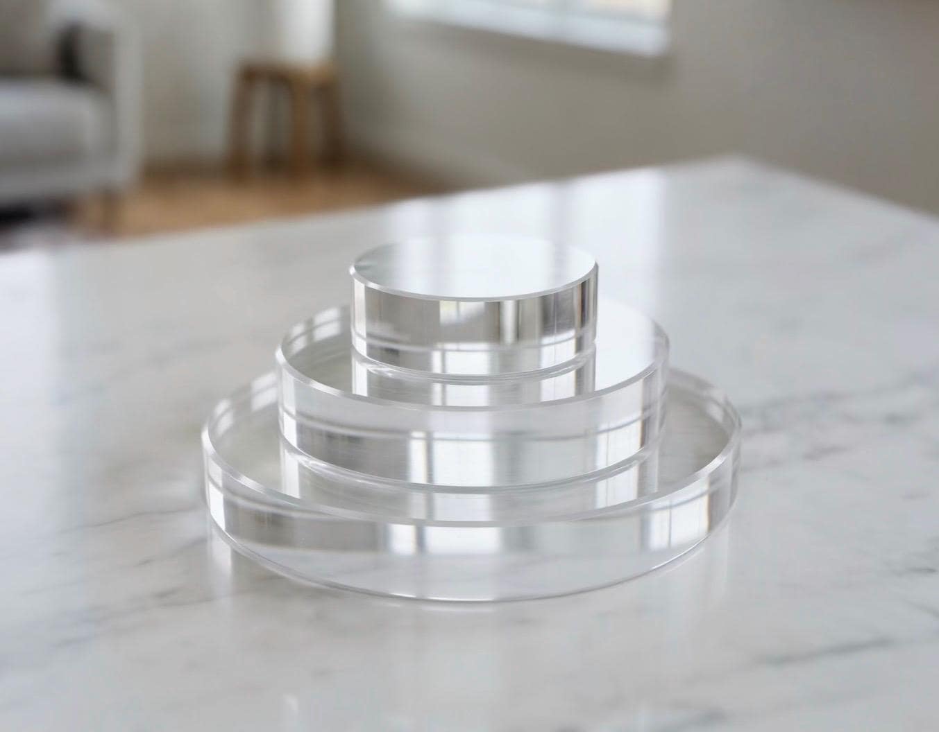 Acrylic Display Block Set of 3, 1 Inch Thick Clear Square Risers, Tiered Sizes, Solid Pedestal Bundle for Retail & Home Display