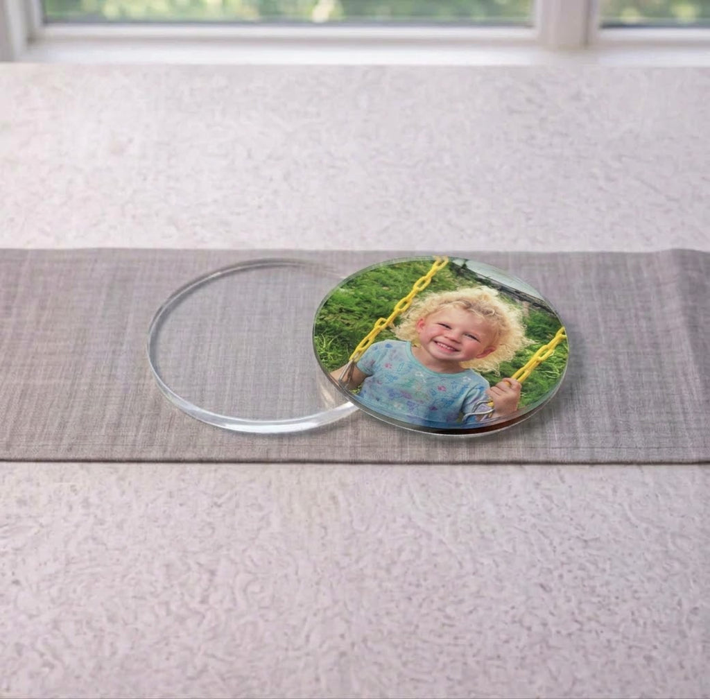 Clear acrylic coaster blanks for UV printing with bumper feet, 3.5 inch round, photo 2