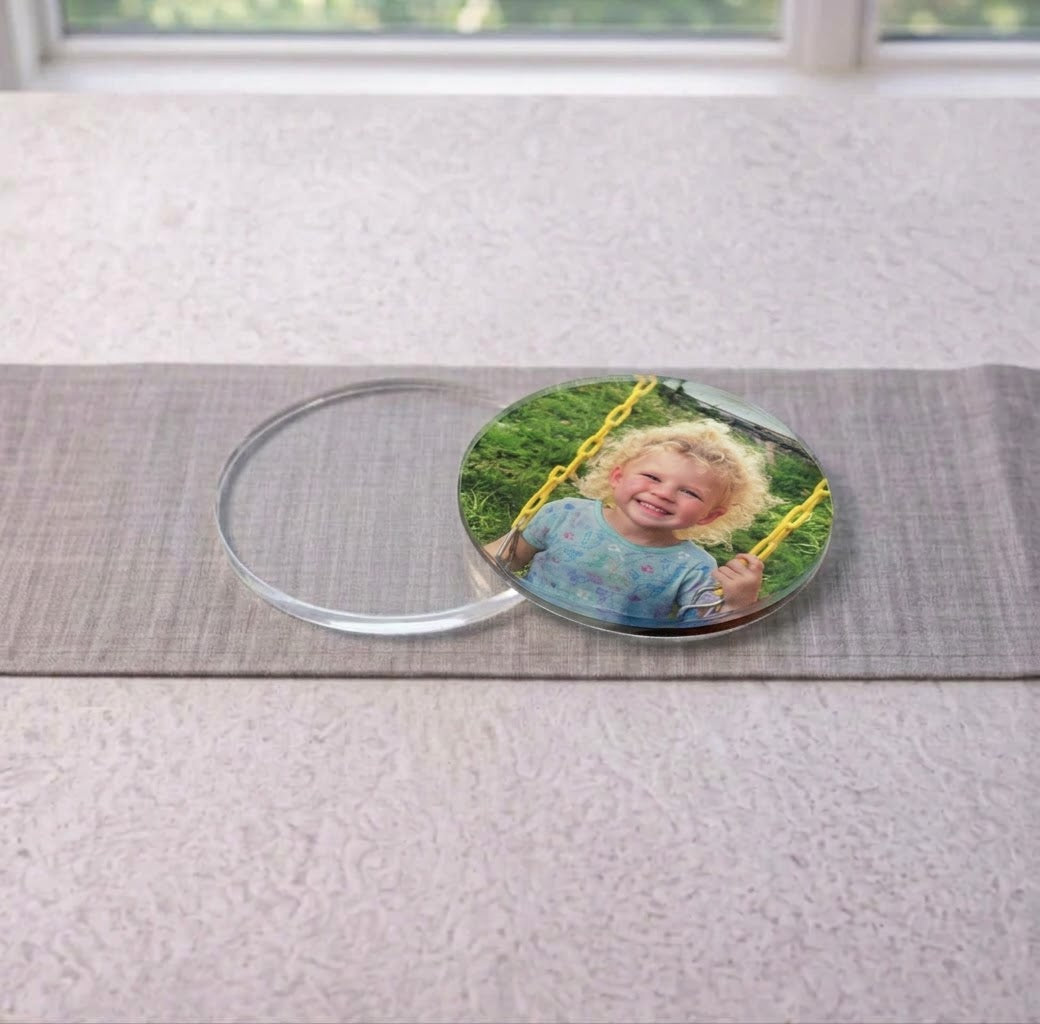 Clear acrylic coaster blanks for UV printing with bumper feet, 3.5 inch round, photo 2
