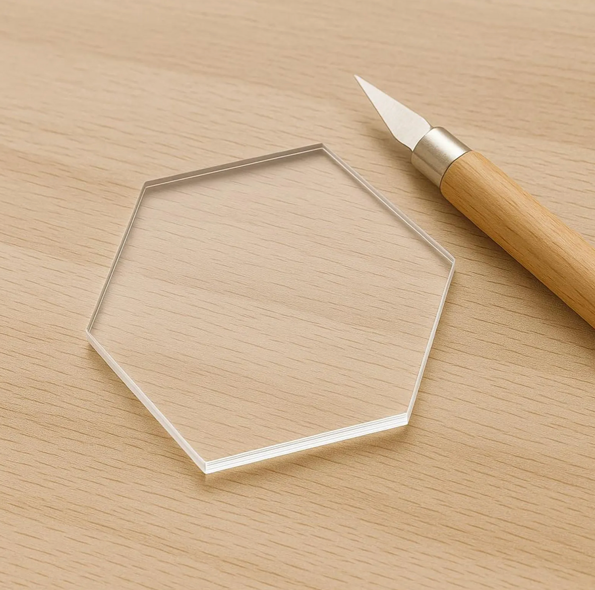 Clear acrylic hexagon blanks for UV printing, 1/4 inch, made by Prince Fabrication