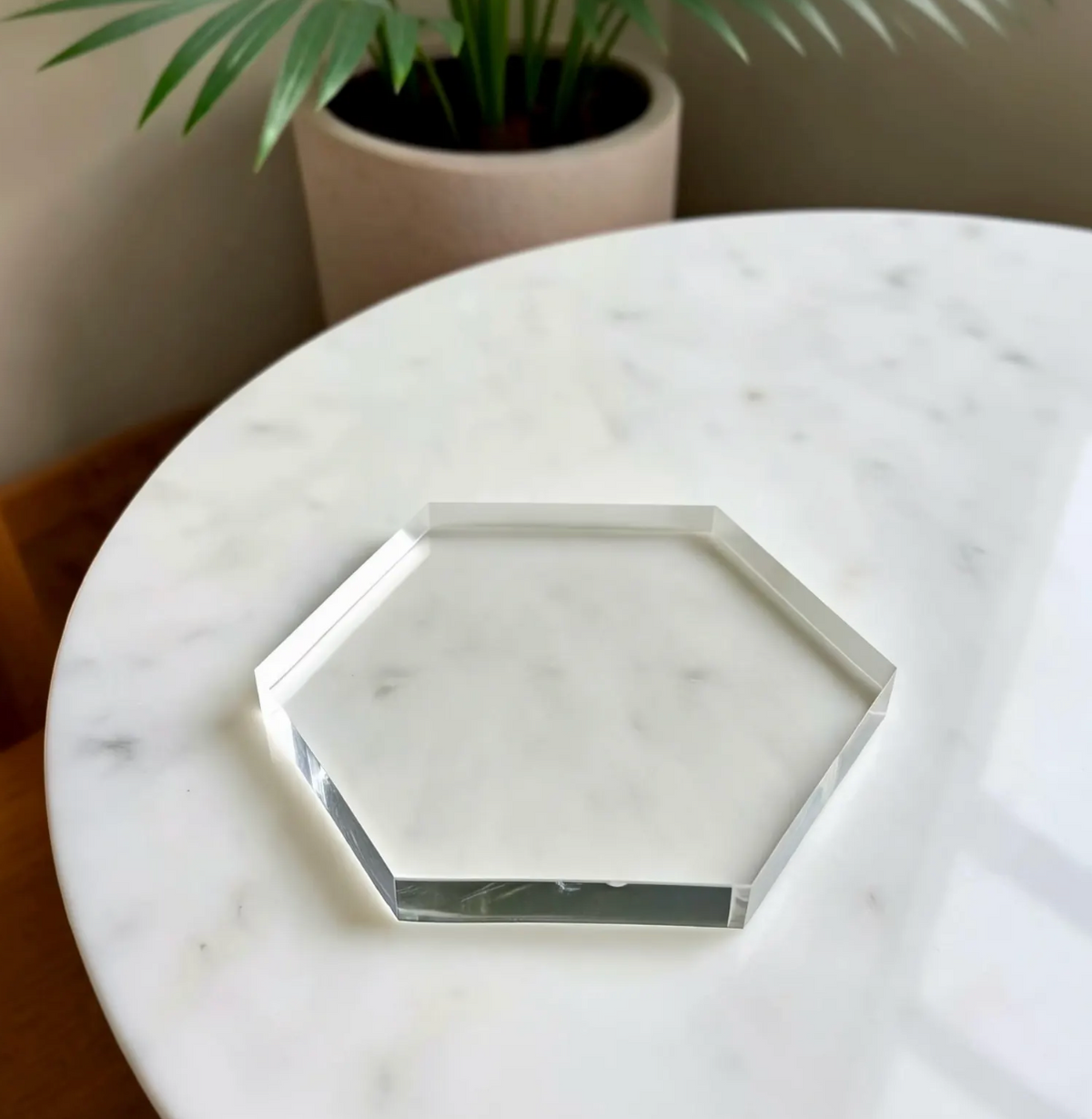 Clear acrylic hexagon blanks for UV printing, 1/2 inch, made by Prince Fabrication