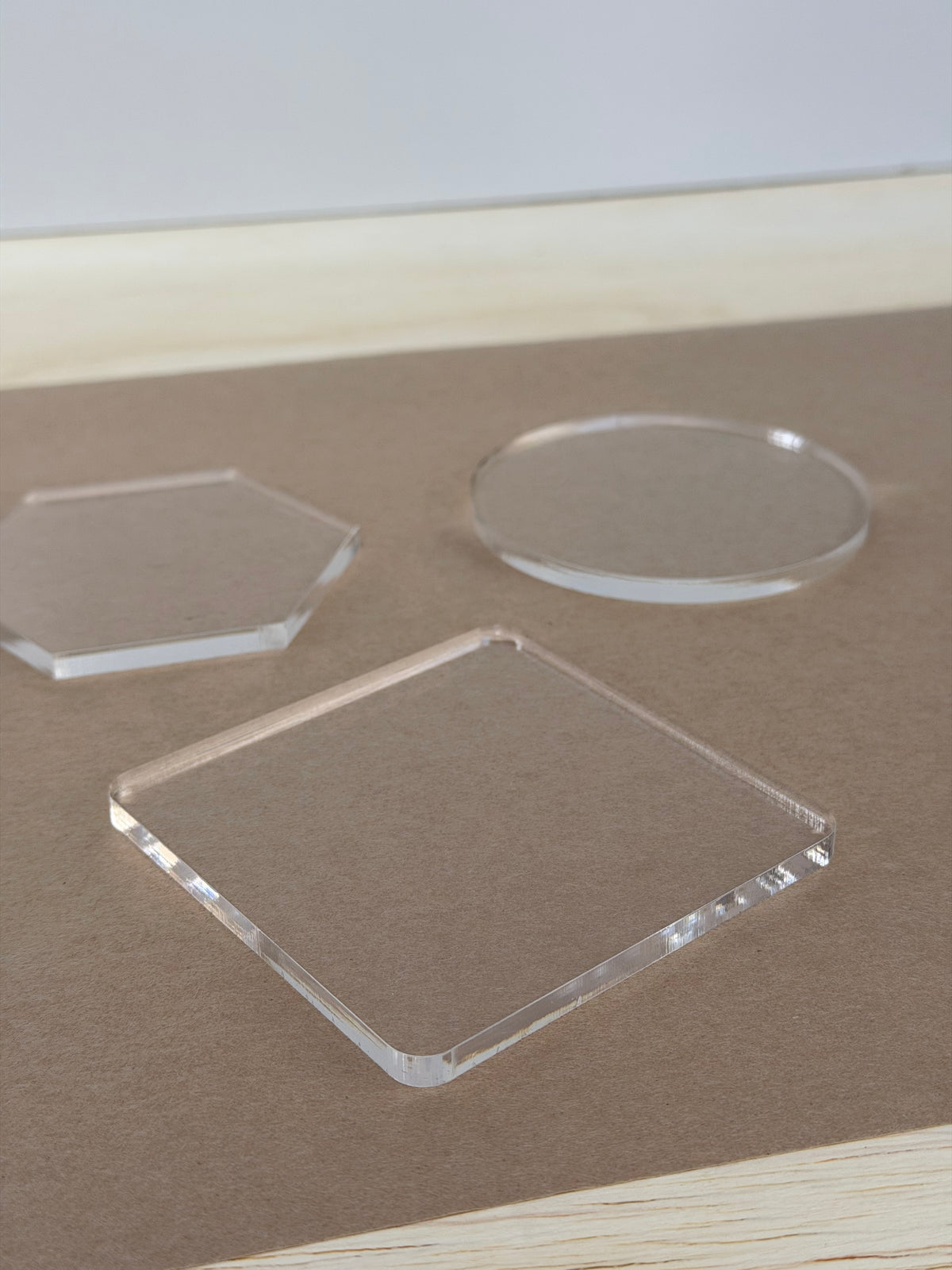 Clear acrylic coaster blanks in round, square and hexagon