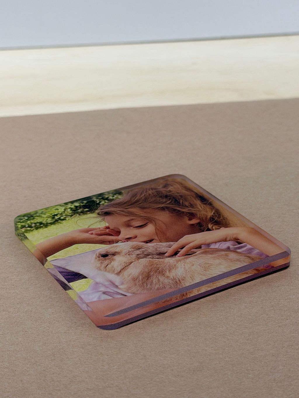 UV printed photo on a 3.5 inch square acrylic coaster blank