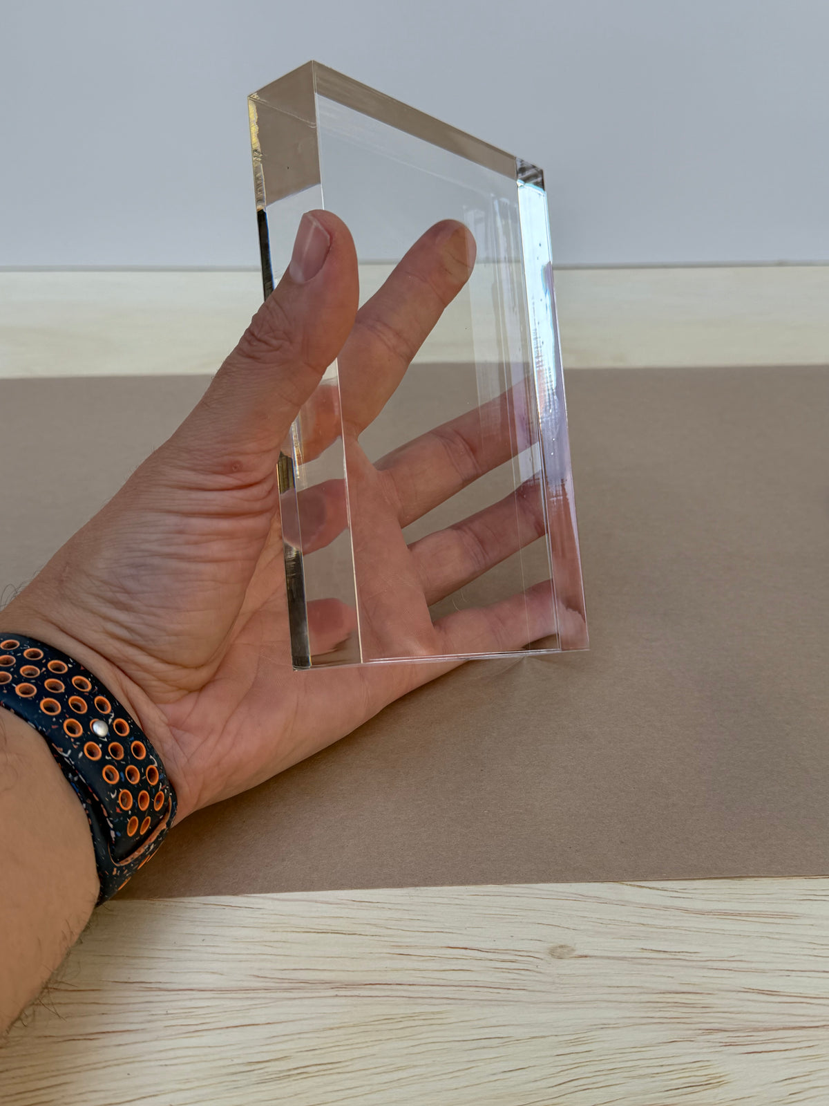 1 inch thick 4x6 clear acrylic block held in hand
