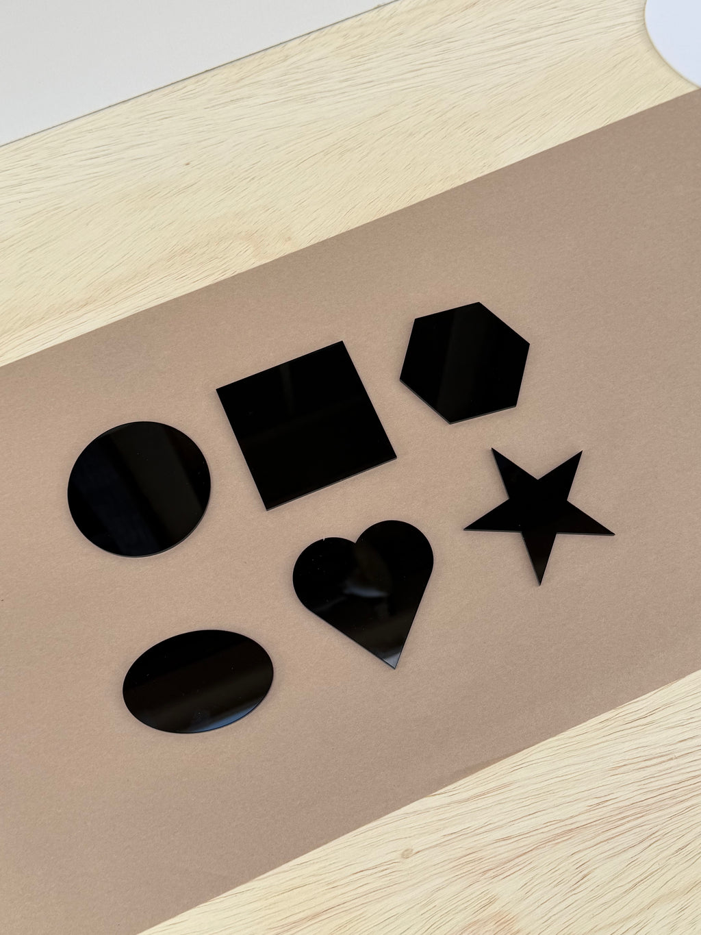 Black 1/8 inch cast acrylic blanks for UV printing: circle, square, hexagon, oval, heart and star