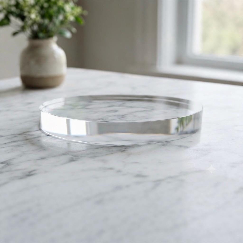1” thick! Round Acrylic Display Base, 1 Inch Thick Clear Disc, Custom Size Circle, Cake Stand & Sculpture Pedestal, Museum Quality