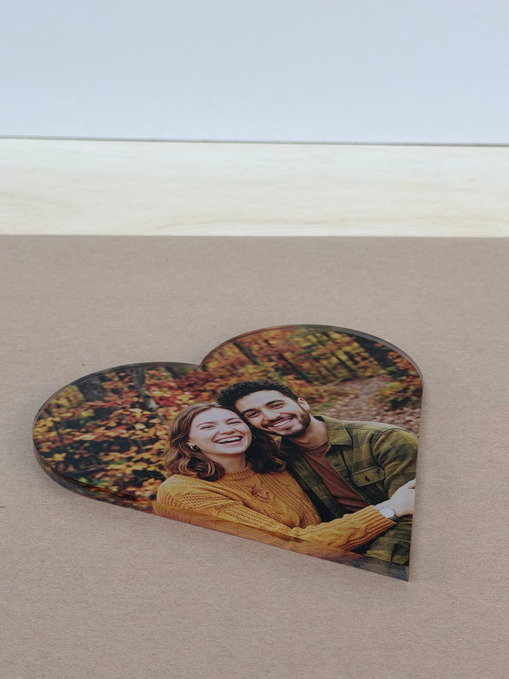 UV printed couple photo on a 1/4 inch clear acrylic heart blank