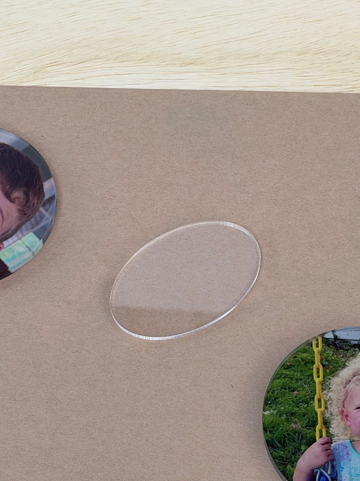 Clear 1/8 inch cast acrylic oval blank for UV printing, laser cut with a polished edge