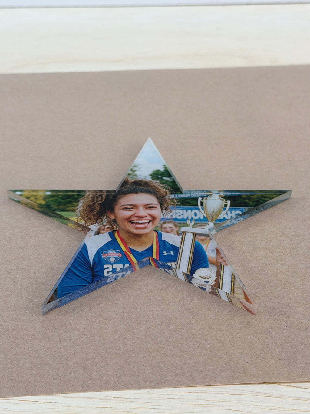 UV printed photo on a 1/4 inch clear acrylic star blank
