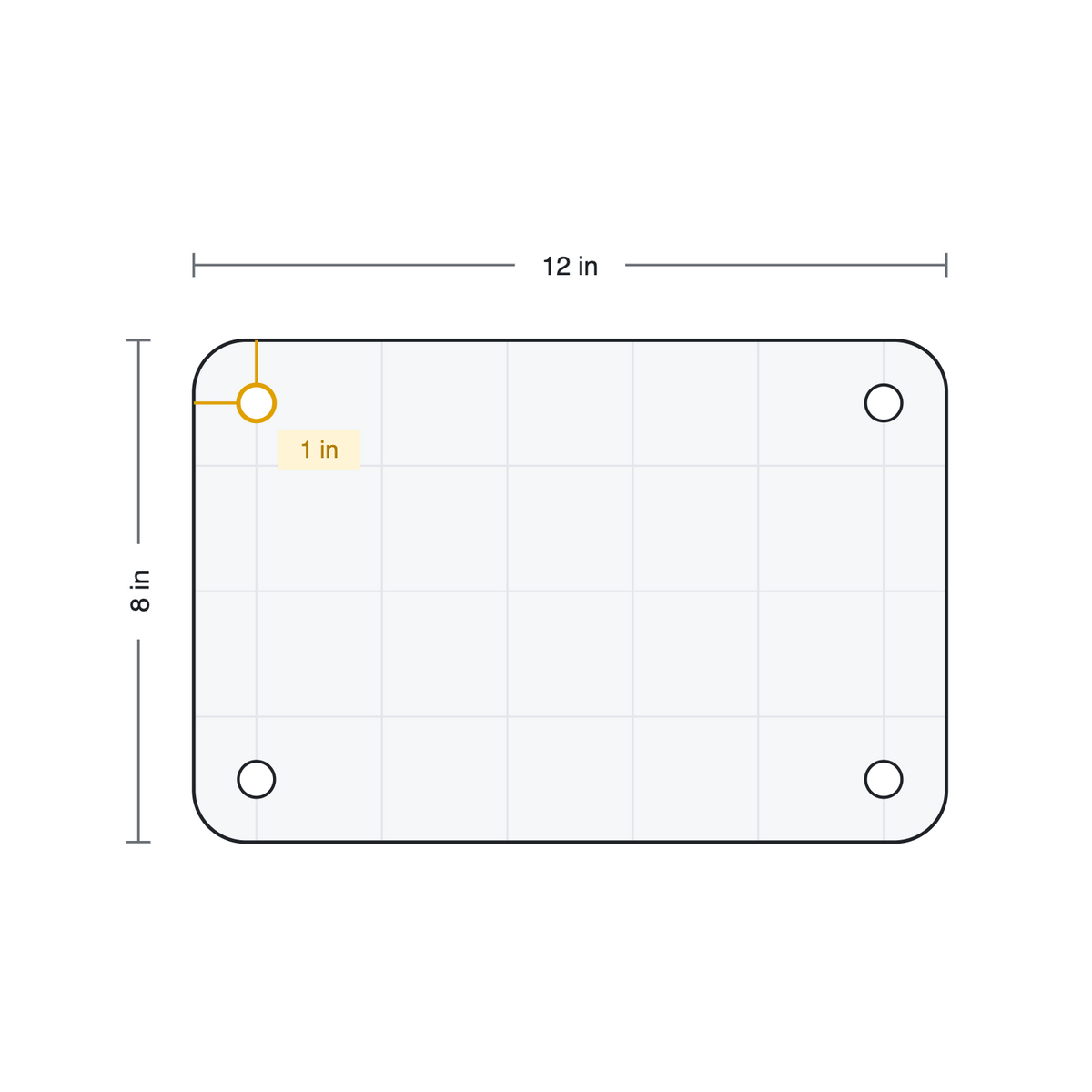 Custom cut acrylic designer drawing: 12 x 8 inch clear acrylic panel with rounded corners and four holes set 1 inch from the edges