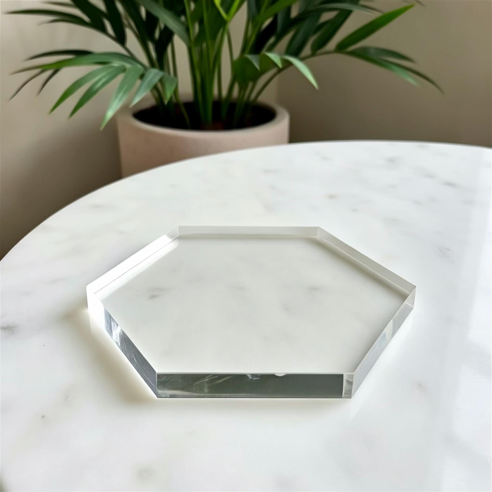Hexagon Acrylic Display Base, 1 Inch Thick Clear Solid Block, Custom Size 3-23 Inch Across Flats, Geometric Riser & Pedestal