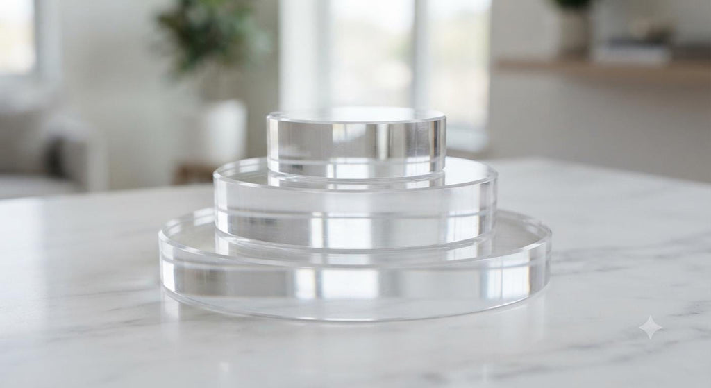 Acrylic Display Block Set of 3, 1 Inch Thick Clear Square Risers, Tiered Sizes, Solid Pedestal Bundle for Retail & Home Display