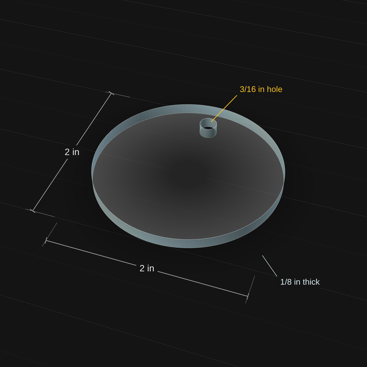 Circle acrylic keychain blank, 2 inch diameter, 3D view with dimensions