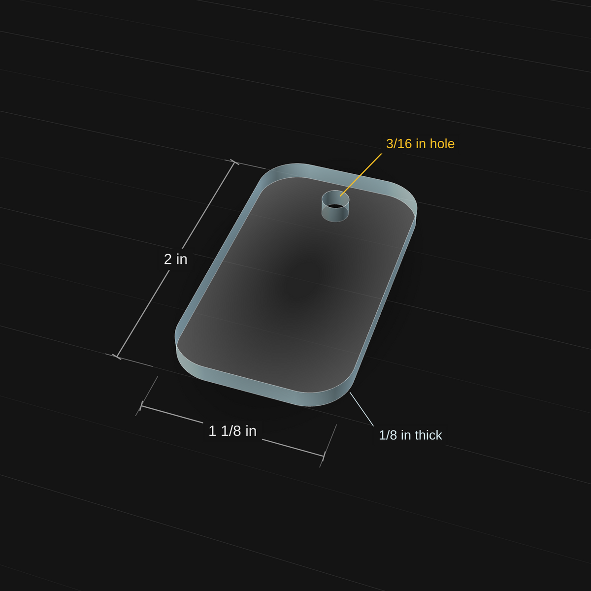 Dog Tag acrylic keychain blank, 1 1/8 inch x 2 inch, 3D view with dimensions