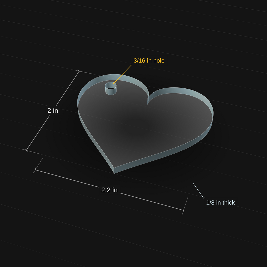 Heart acrylic keychain blank, 2.2 inch wide x 2 inch tall, 3D view with dimensions