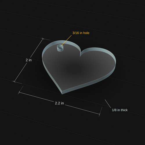 Heart acrylic keychain blank, 2.2 inch wide x 2 inch tall, 3D view with dimensions