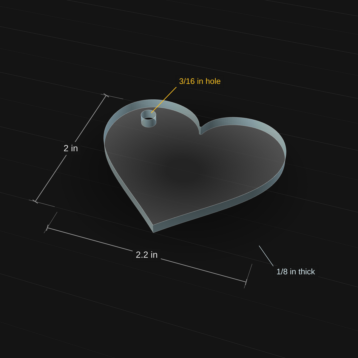 Heart acrylic keychain blank, 2.2 inch wide x 2 inch tall, 3D view with dimensions