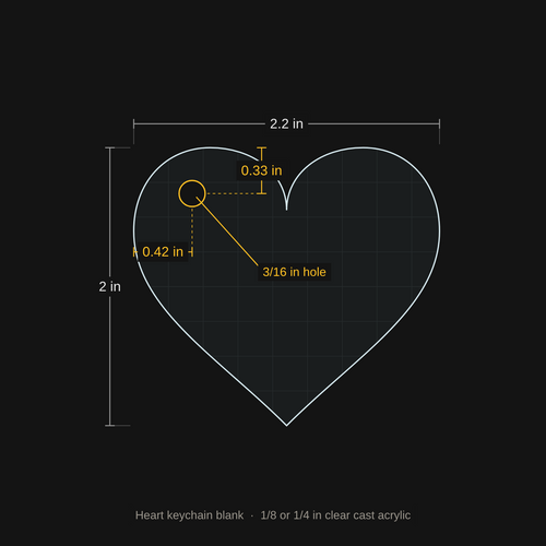 Heart keychain blank dimension drawing, 3/16 inch hole in the upper left lobe
