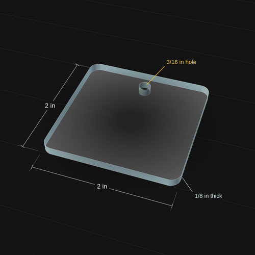 Square acrylic keychain blank, 2 inch x 2 inch, 3D view with dimensions