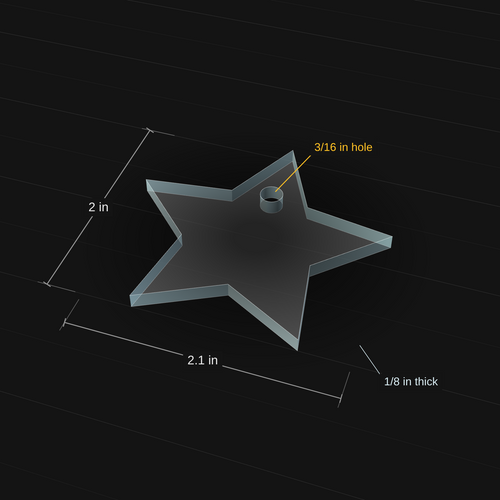 Star acrylic keychain blank, 2.1 inch wide x 2 inch tall, 3D view with dimensions