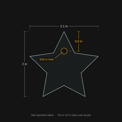 Star keychain blank dimension drawing, 3/16 inch hole 0.6 inch below the top point