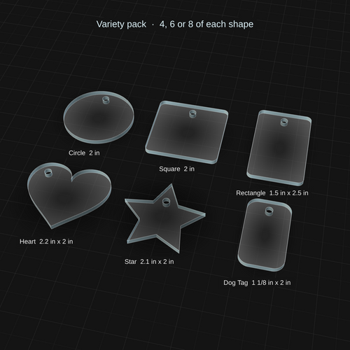 Acrylic keychain blank variety pack, six shapes with sizes